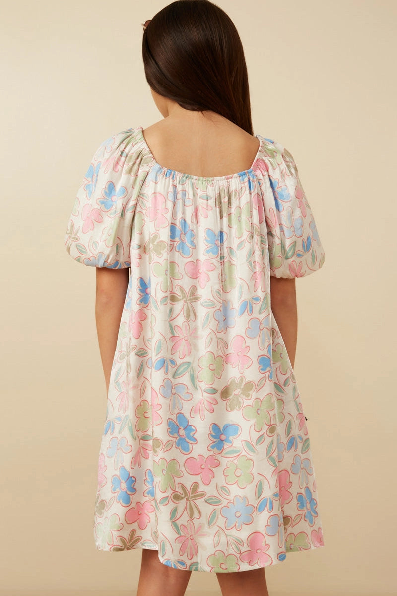 GIRLS FLORAL PUFF SLEEVE FOILED DRESS