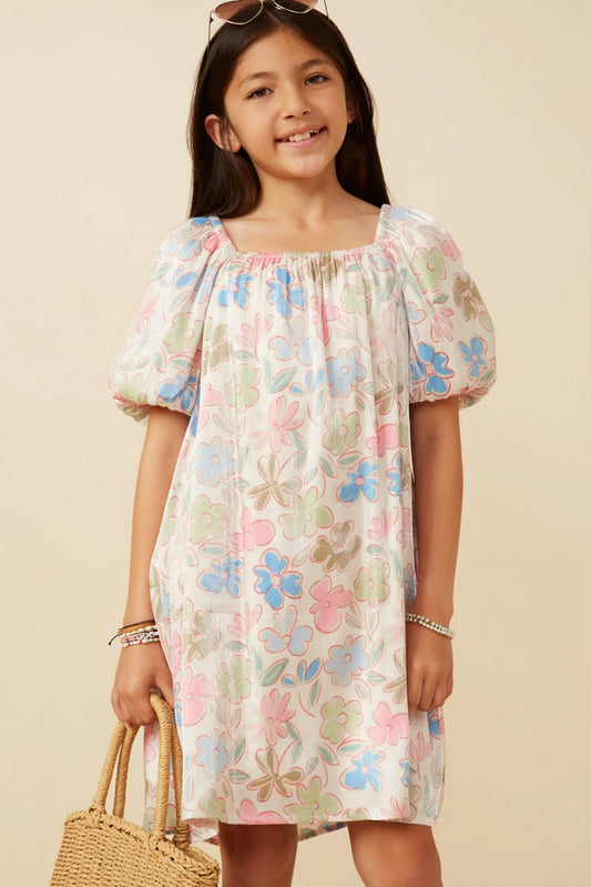 GIRLS FLORAL PUFF SLEEVE FOILED DRESS