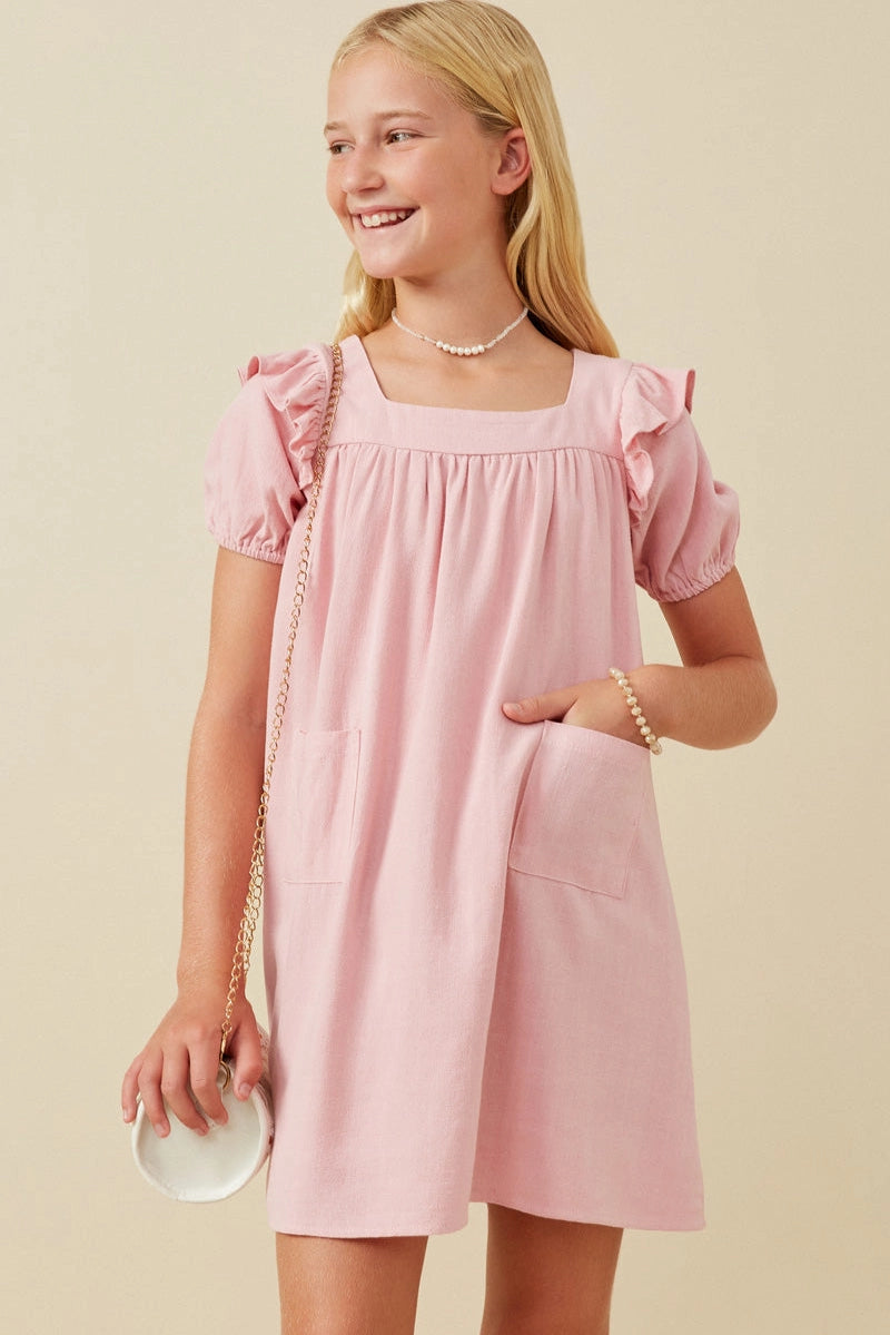 GIRLS PATCH POCKET RUFFLED DRESS