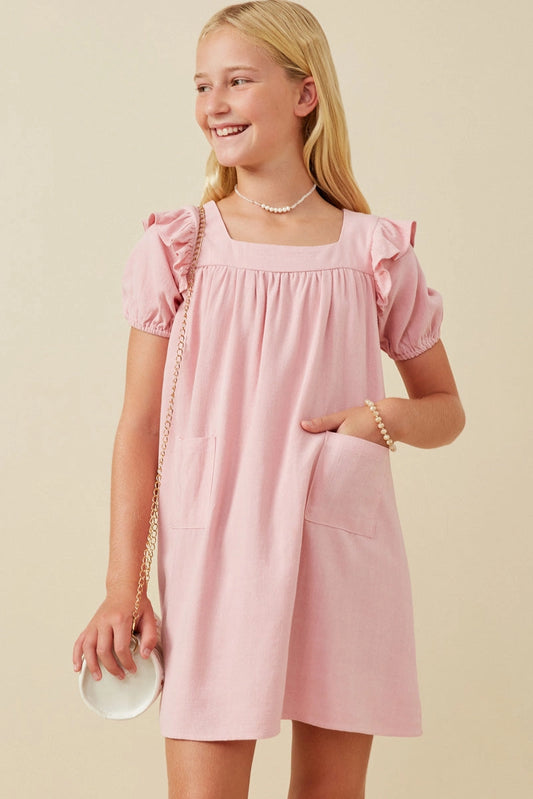 GIRLS PATCH POCKET RUFFLED DRESS