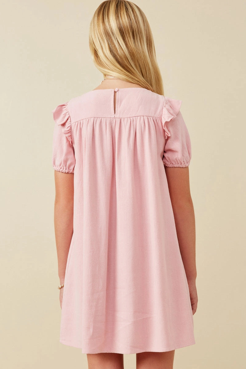 GIRLS PATCH POCKET RUFFLED DRESS