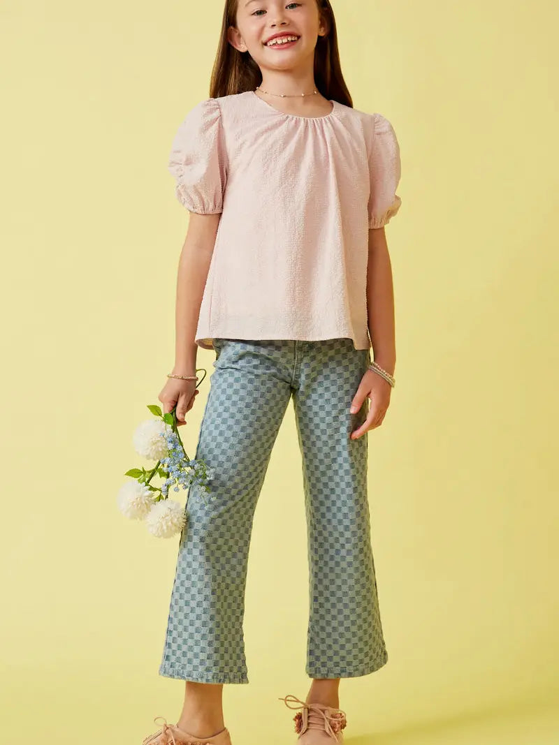 GIRLS SEERSUCKER PUFF SLEEVE TOP