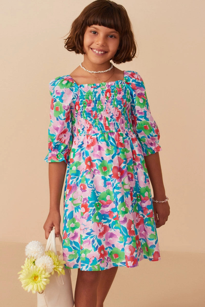 GIRLS FLORAL SMOCKED DRESS