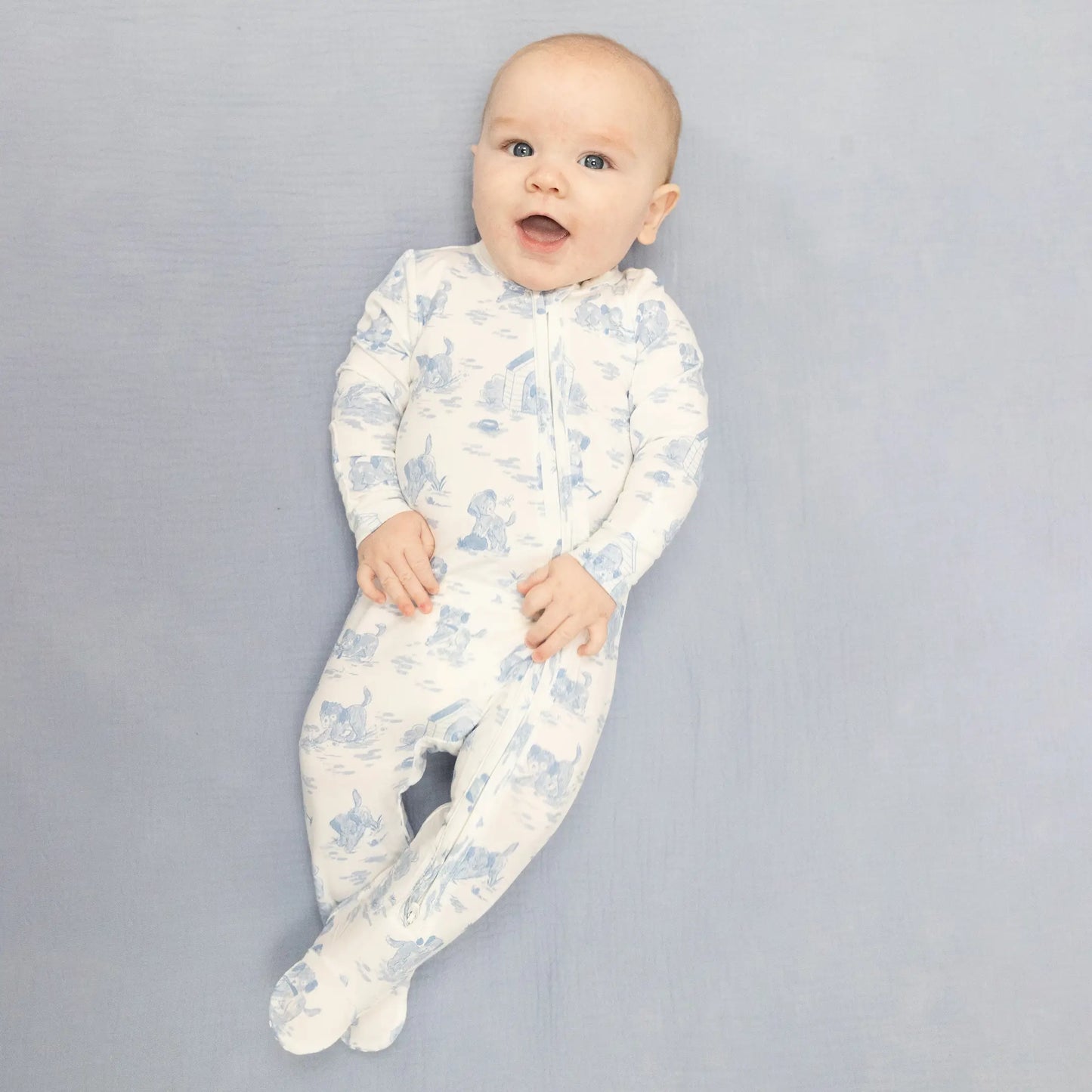 Puppy Toile Zipper Footie - Blue
